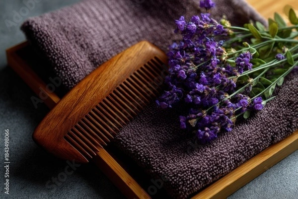 Obraz Wooden comb dried lavender towel stock images flat lay