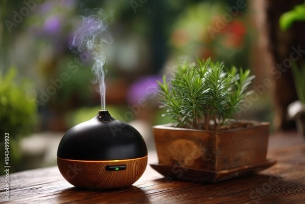 Obraz Modern essential oil diffuser on bamboo table with vapor