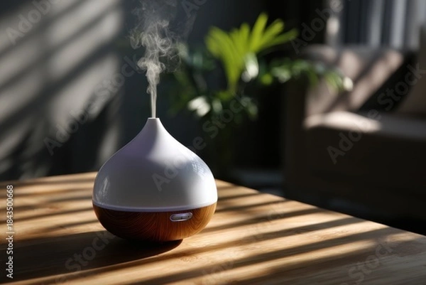 Obraz Modern essential oil diffuser on bamboo table with vapor