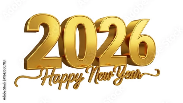 Fototapeta Shiny gold 2026 happy new year text in 3d isolated on transparent background