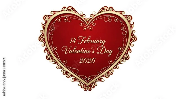 Fototapeta Red heart with gold trim and valentines day text on transparent background