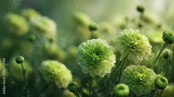 Fototapeta 緑色の美しいダリアの花々。自然や植物関連の素材に最適な花のクローズアップ写真。