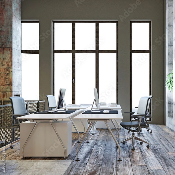 Obraz Modern office interior with desks and computers. Industrial loft style workplace 3d render