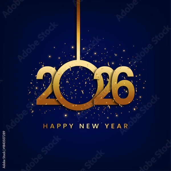 Fototapeta Happy New Year 2026 – Luxury Gold Number Typography with Sparkling Glitter on Dark Blue Background – Vector Elegant Festive Design for Holiday Greeting Card, Banner, Poster, and Digital Marketing
