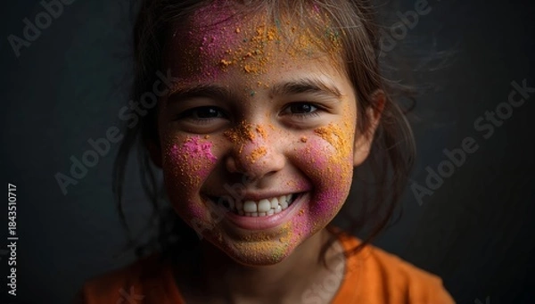 Fototapeta Close-up portrait of a joyful young girl covered in vibrant Holi powder, with dramatic lighting and a dark blurred background enhancing festive colors.