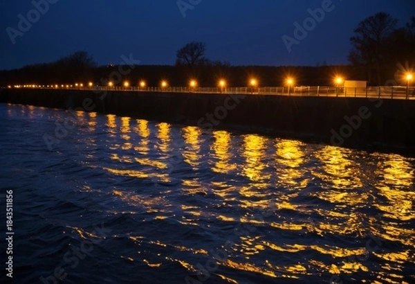 Obraz Orange Lights Reflected on the River Surface at Night at Equal Intervals