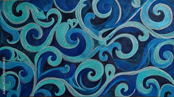 Obraz Highly Textured Swirling Thread Art Blue Teal Pattern