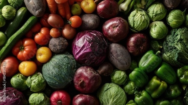 Fototapeta 多種多様な新鮮野菜の集合。健康や料理関連の素材に最適な野菜のイメージ。
