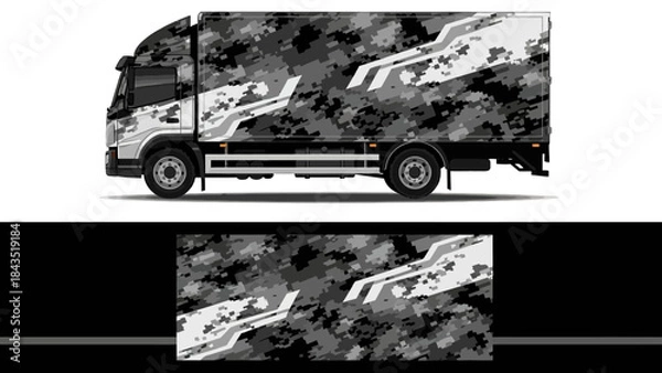 Fototapeta Monochrome mountain graphic van with rugged adventure design on a camper truck.