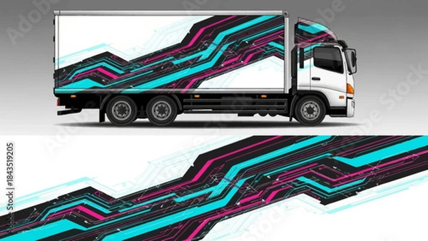 Fototapeta Vibrant geometric wrap design on a modern transport truck and trailer.
