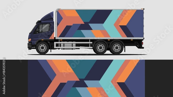 Fototapeta Colorful geometric patterned cargo truck with abstract shapes and bold angular design.