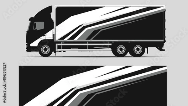 Fototapeta Monochrome truck cab and trailer graphic with bold stripes and diagonal lines across panels.