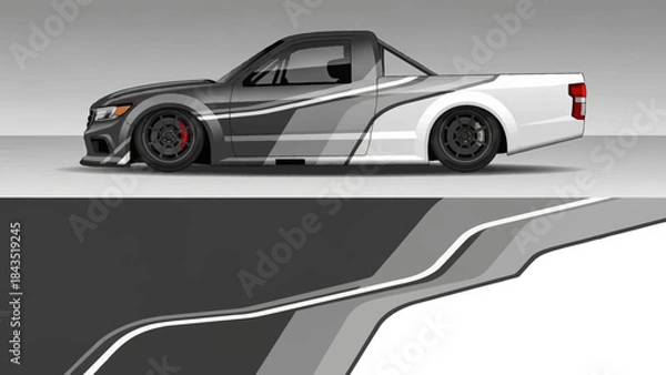 Fototapeta Stylized graphic of a modern race-inspired pickup truck with bold stripes and dynamic design.