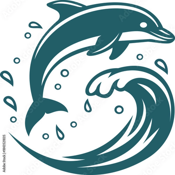 Fototapeta This dynamic design features a playful dolphin jumping through a stylized wave, surrounded by splashes of water. The vibrant colors and fluid lines capture the joy of ocean life and adventure. It’s pe