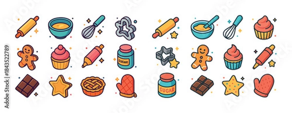 Obraz Colorful baking icon set: cupcakes, cookies, tools, and more