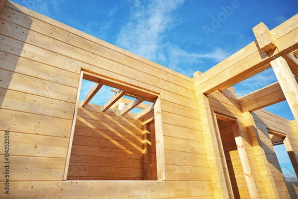 Obraz Building a wooden house on the construction site.