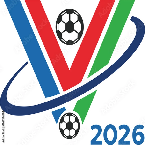 Fototapeta This energetic design features a bold "V" shape formed by blue, red, and green colors, with soccer balls incorporated into the design. The year "2026" signifies an upcoming sports event, making it per