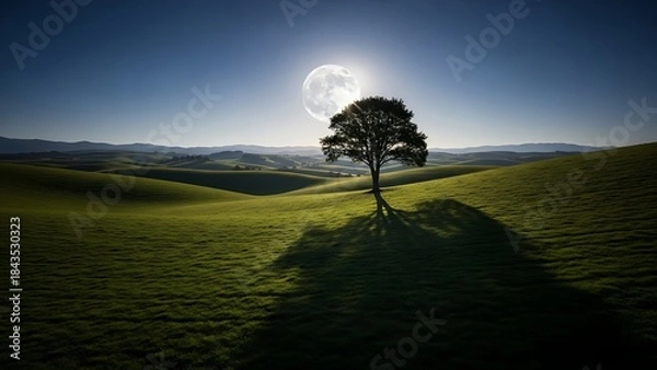 Obraz Lonely Tree under Full Moon in Rolling Hills