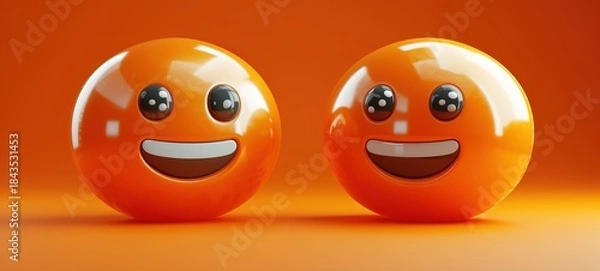 Fototapeta Two Orange Smiley Emoticon Faces with Shiny Surface and Gradient Background