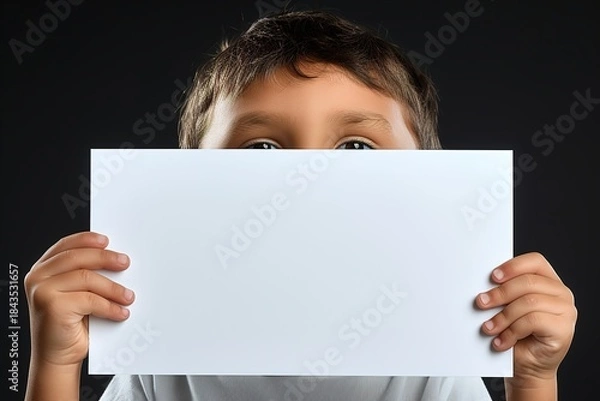Fototapeta Child holding blank white sign in front of face on dark background