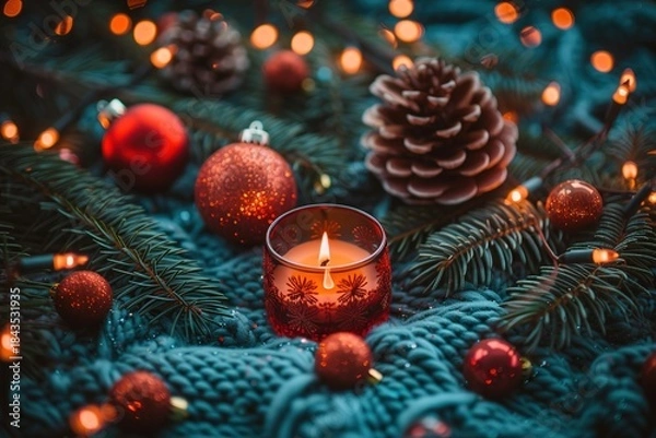Fototapeta Cozy Christmas Scene with Red Ornaments, Pinecone, and Lit Candle on Knitted Fabric
