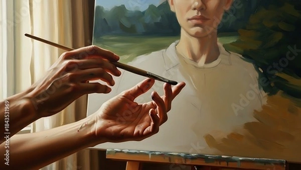 Obraz Artist s Hands Painting a Portrait