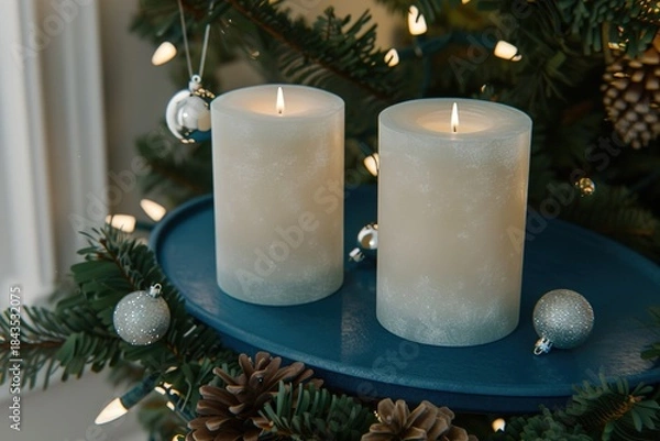 Fototapeta Festive Christmas scene with two lit candles on a blue tray surrounded by tree