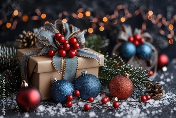 Fototapeta Christmas Gift Box with Ornaments and Pine Branches on Snowy Surface