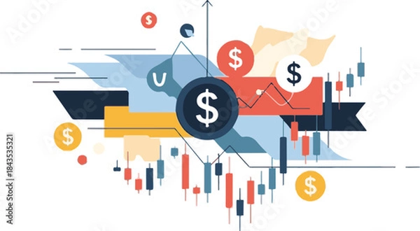 Obraz An abstract illustration depicting financial market trends with a candlestick chart, dollar signs, and various geometric shapes, symbolizing investment and economic data.