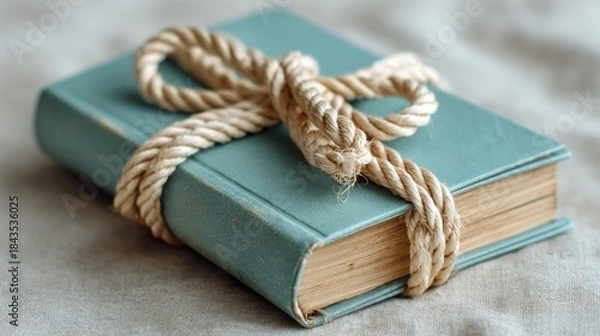 Obraz A book wrapped in rope placed on a textured surface in a simple setting during daylight hours