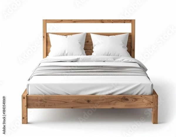 Fototapeta 白背景のモダンな木製ベッド（白い寝具）