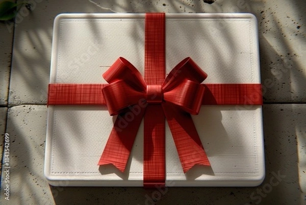 Fototapeta Gift wrapped in white fabric with a red ribbon and bow on top