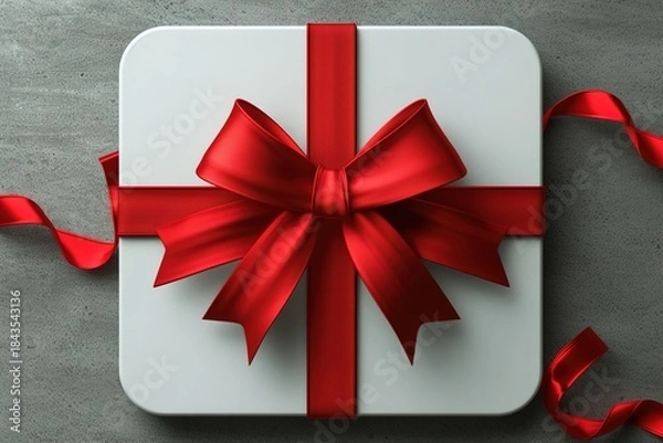 Fototapeta Elegantly wrapped white gift box with a vibrant red ribbon and bow on gray background