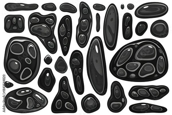 Fototapeta Black stones with bubbles, abstract shapes, and glossy texture on white background