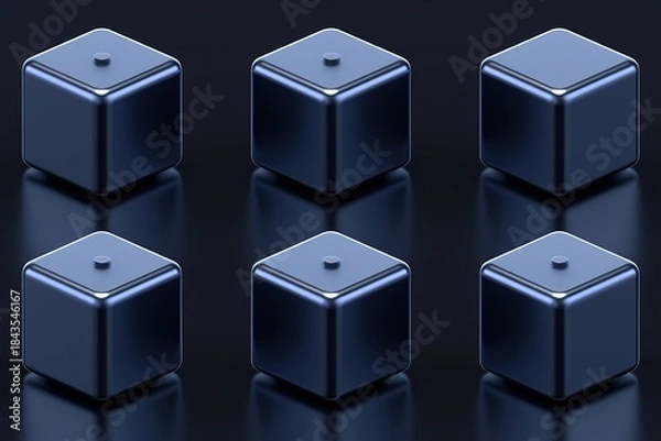Fototapeta Metallic Blue Cubes with Buttons on Dark Background, 3D Rendering