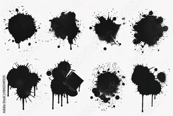 Fototapeta Black ink splatters and paint drops on white background, artistic design elements