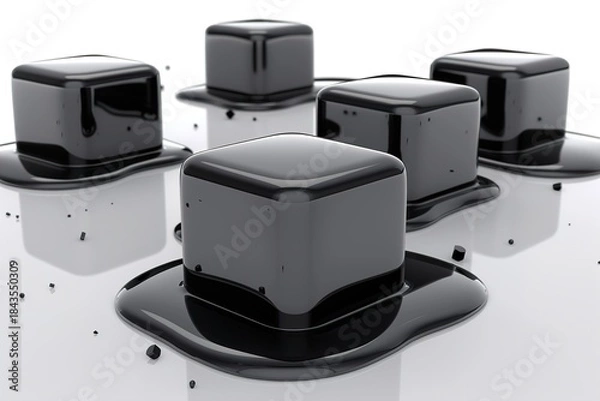 Fototapeta Melting black ice cubes on white surface, abstract concept