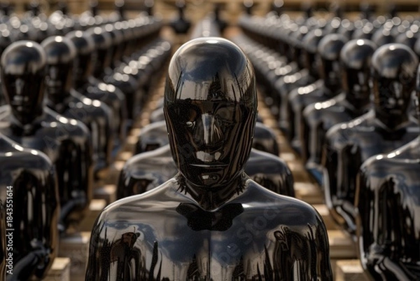 Fototapeta Rows of shiny black mannequins with reflective surfaces in a factory setting
