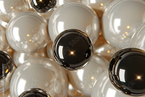 Fototapeta Shiny reflective black and white spheres in a cluster, abstract background