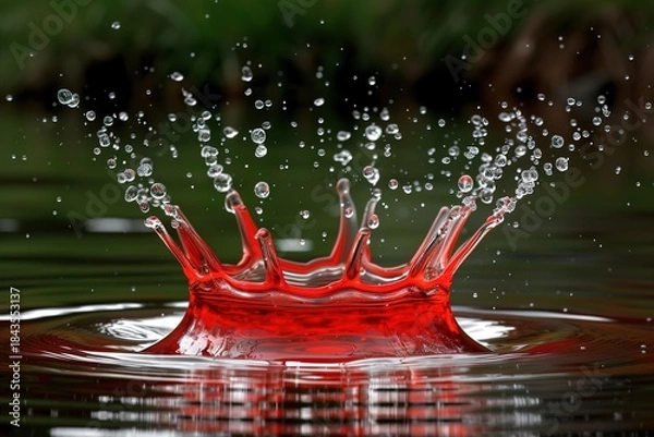 Fototapeta Red liquid splash in water, creating a crown-like effect with droplets