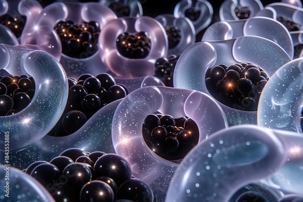 Fototapeta Microscopic view of translucent bubbles containing black spheres on a speckled background.