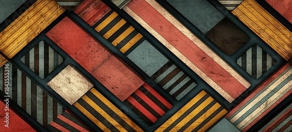 Fototapeta Geometric Pattern with Colorful Wooden Blocks and Stripes Background