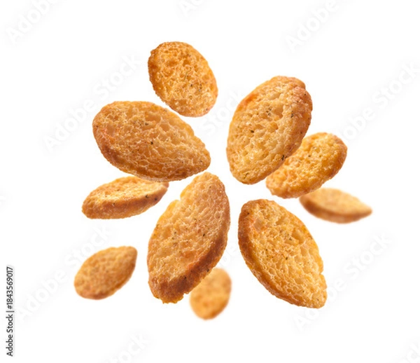 Obraz Bread croutons levitate on a white background