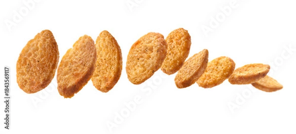 Obraz Bread croutons levitate on a white background
