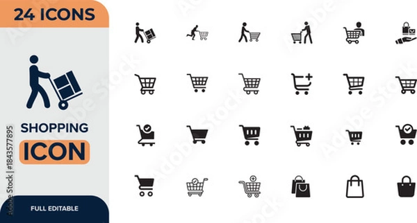 Fototapeta Shopping icon set. Containing Shop, store, cart, market, buyer, purchase, goods and more. Editable stroke. Online shopping, store, delivery, promotion and shopping cart symbol. Vector illustration