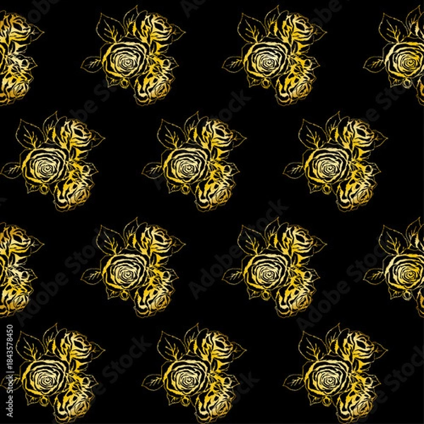 Fototapeta seamless  pattern of gold rose branches with thorns and buds on a black background.eps