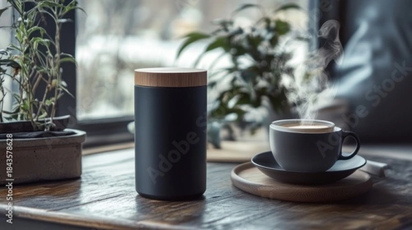 Obraz Dark gray cylindrical container near window