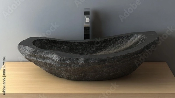 Obraz Dark gray stone sink on wooden counter