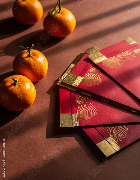 Fototapeta Red envelopes with mandarin oranges prosperity concept