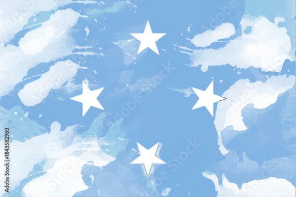 Fototapeta A gentle watercolor representation of the Micronesian flag depicts four radiant white stars against a soft, textured sky-blue backdrop, evoking a sense of tranquility and national